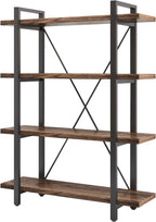 4 Tier Bookshelf Solid Wood Bookcase and Book Shelves Wood and Metal Shelving Rustic Open Bookshelf Office,Distressed Brown (AY-02-4Tier)