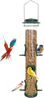 MIXXIDEA 1PK Metal Bird Feeders with 6 Feeding Ports,Tube Bird Feeder with Steel Hanger,Hard Plastic Wild Bird Feeder for Outdoors Hanging, Attracting Birds in Your Lawn, Garden, Balcony–Green