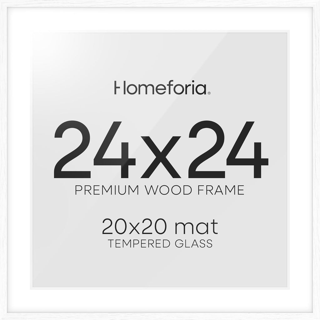 Homeforia 24x24 White Picture Frame, High End Oak 24 x 24 Square Wood Frames with Mat 20 by 20 inches Photo, 24by24 White Wooden Poster Frames Matted to 20x20 Print, Tempered Glass, Wall Kit, Set of 1