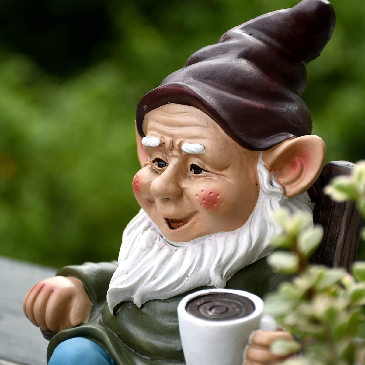 OwMell Drinking Coffee Garden Gnome Statue Decoration 7.3" Figurine Ornament for Indoor Outdoor Home Patio Yard Lawn - Coffee