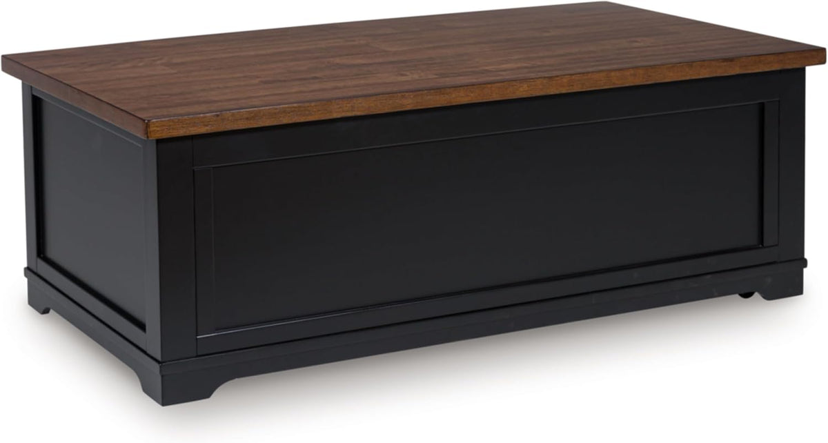 Signature Design by Ashley Wildenauer Farmhouse 2-Drawer Lift-Top Coffee Table with 2 Storage Bins Under Top and Casters, Light Brown & Black