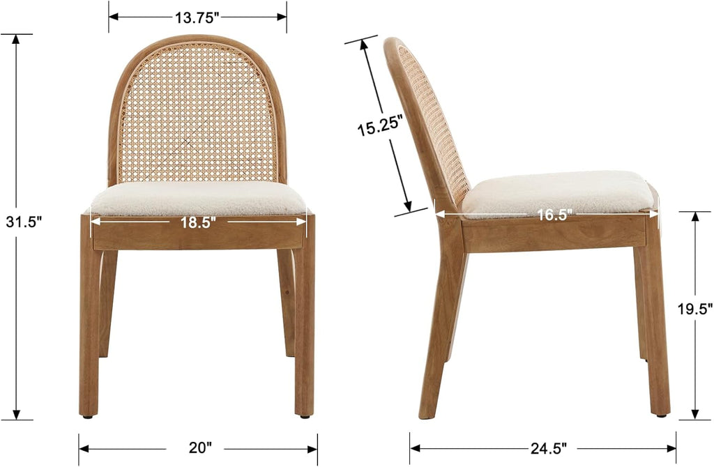 Mid Century Dining Chairs Set of 4, Accent Rattan Side Chairs Sherpa Fabric Kitchen Chair with Solid Wooden Legs for Living Room Dining Room, White