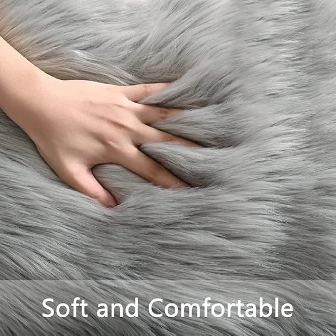 ORINOVA Round Rugs 6ft Silver Grey Fuzzy Faux Sheepskin Washable Furry Fur Area - Image 8