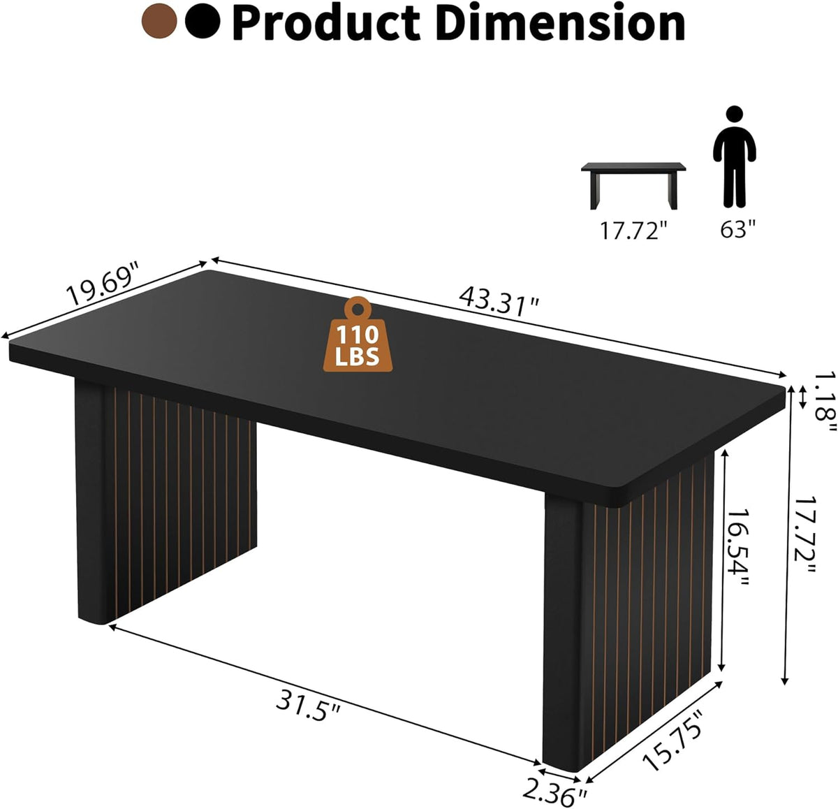 Rectangular Fluted Coffee Table, Farmhouse Wood Coffee Table Mid Century Modern Center Table Boho Living Room Tables for Living Room Office (Black, 19.69" D x 43.3" W x 17.72" H)