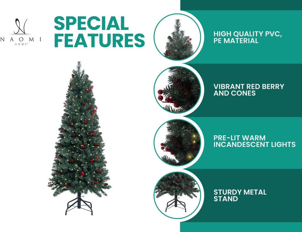 Naomi Home Belen 6.5ft Pencil Christmas Tree Prelit pre-Decorated with Pine Cones, Red Berries, 754 Branch Tips, 250 Warm Lights and Metal Stand, 30" Wide Skinny Christmas Tree with Lights