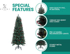 Naomi Home Belen 6.5ft Pencil Christmas Tree Prelit pre-Decorated with Pine Cones, Red Berries, 754 Branch Tips, 250 Warm Lights and Metal Stand, 30" Wide Skinny Christmas Tree with Lights