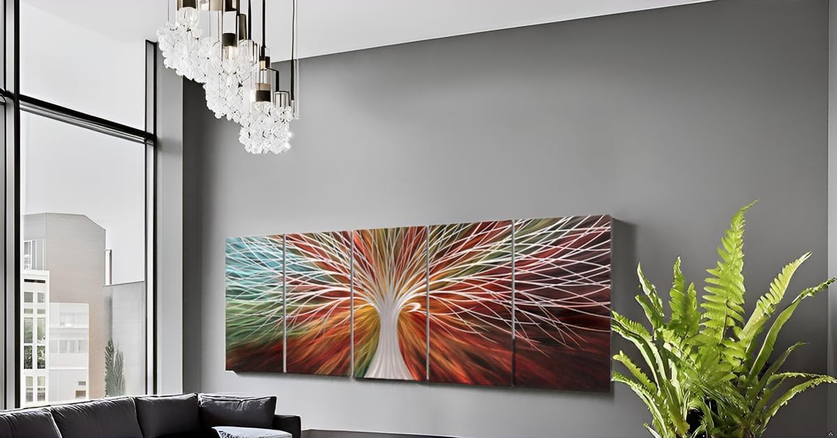 Yihui Arts Abstract Metal Wall Art - Tree Of Life Hand Crafted 5 Pieces Panels Large Big Unique 3D Aluminum Modern Contemporary Home Accent