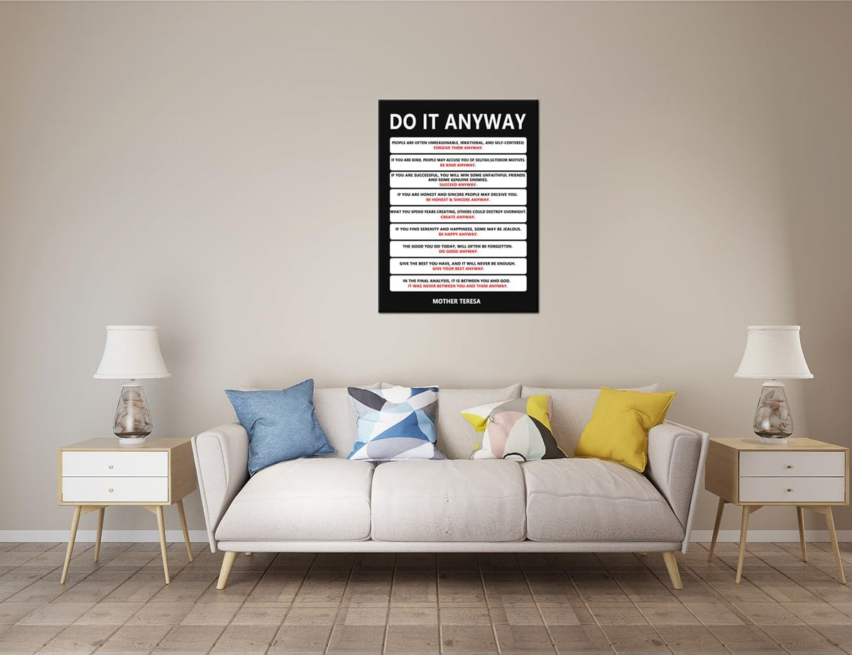Inspirational Poster Motivational Wall Art Do It Anyway Mother Teresa Quote Canvas Prints Artwork for Office Living Room Modern Home Decor Painting Pictures Stretched and Framed [30''Wx 40''H]