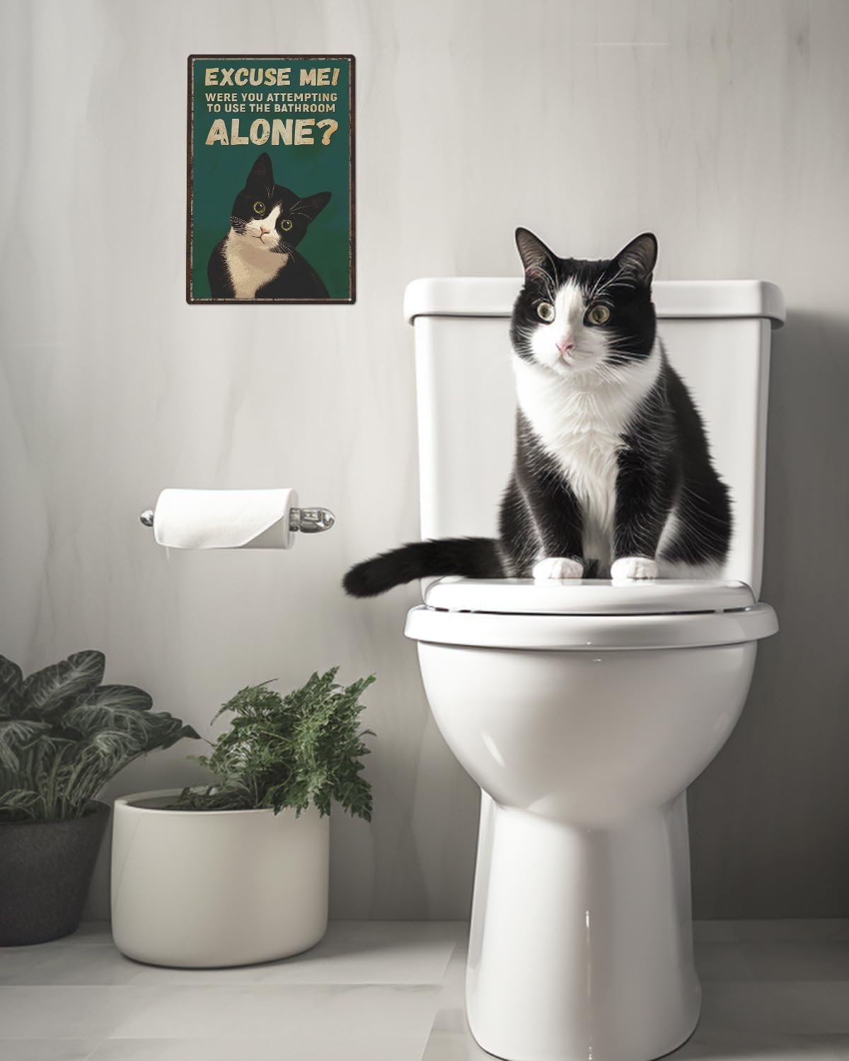 ALKB Funny Tuxedo Cat Metal Signs Black Cat Metal Poster Tuxedo Cat Lover Gift Vintage Bathroom Wall Decor 8 x 12 Inch