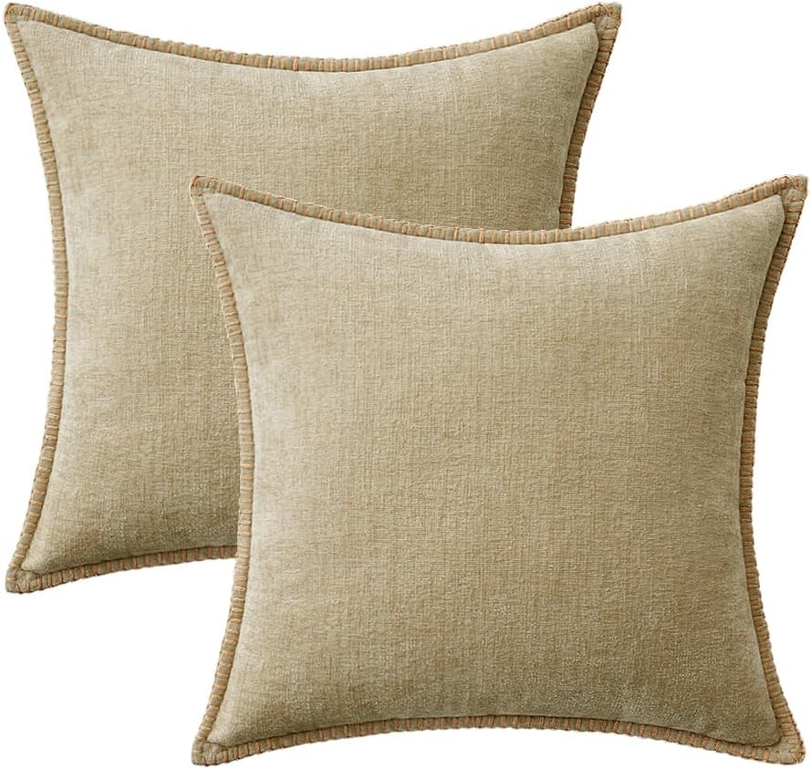 MIULEE Pack of 2 Couch Throw Pillow Covers 20x20 Inch Beige Farmhouse Decorative Pillow Covers with Stitched Edge Soft Chenille Solid Dyed Spring Pillow Covers for Sofa Bed Living Room