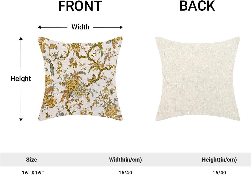 CXMEIFLY Summer Floral Birds Pillow Covers 16 x 16 Inch Set of 2 for Chinoiserie Flowers Spring Decor Throw Pillows Mustard Yellow Plant Outdoor Decorative Cushion Cases for Couch Bed Decorations