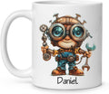 Personalized Tech Enthusiast Coffee Cup 11oz 15oz, Customized Steampunk Character Design Ceramic Mug, Unique Custom Name Mug Gift For Engineer, Kid Cup, Cute Mechanic White Cup