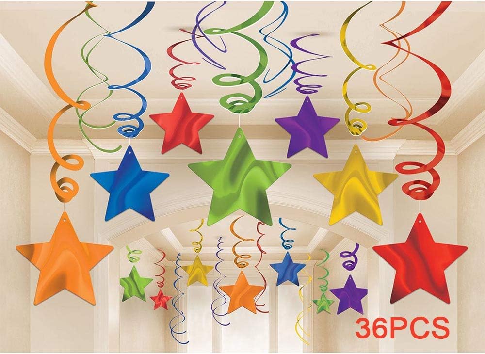 Rainbow Party Star Swirl Decorations, Rainbow Foil Ceiling Hanging Swirl Decorations with Star, Whirls Decorations for Party, Pack of 36