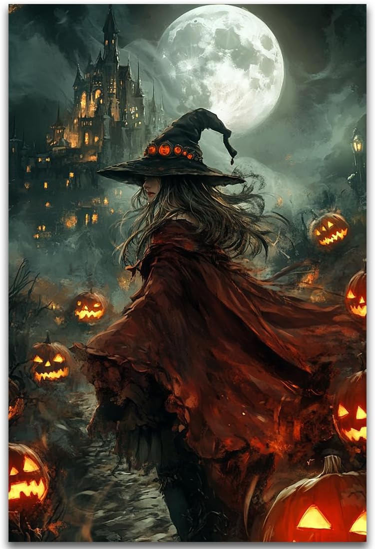 Dark and Moody Gothic Witch Poster Wall Art,Vintage Rustic Witch in Cloak with Castle Pumpkin Road Dark Gothic Poster,Goth Spooky Season Halloween Prints for Fantasy Office,24"x36" Unframed