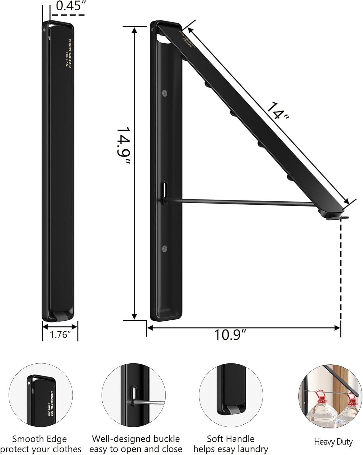 Dr.DJ Clothes Drying Rack, Wall-Mounted Retractable & Foldable Clothes Hanger for Laundry Room Organization and Storage, Metal Clothes Hanger Rack for Dorm, Closet, Balcony(1 Pack, Black)