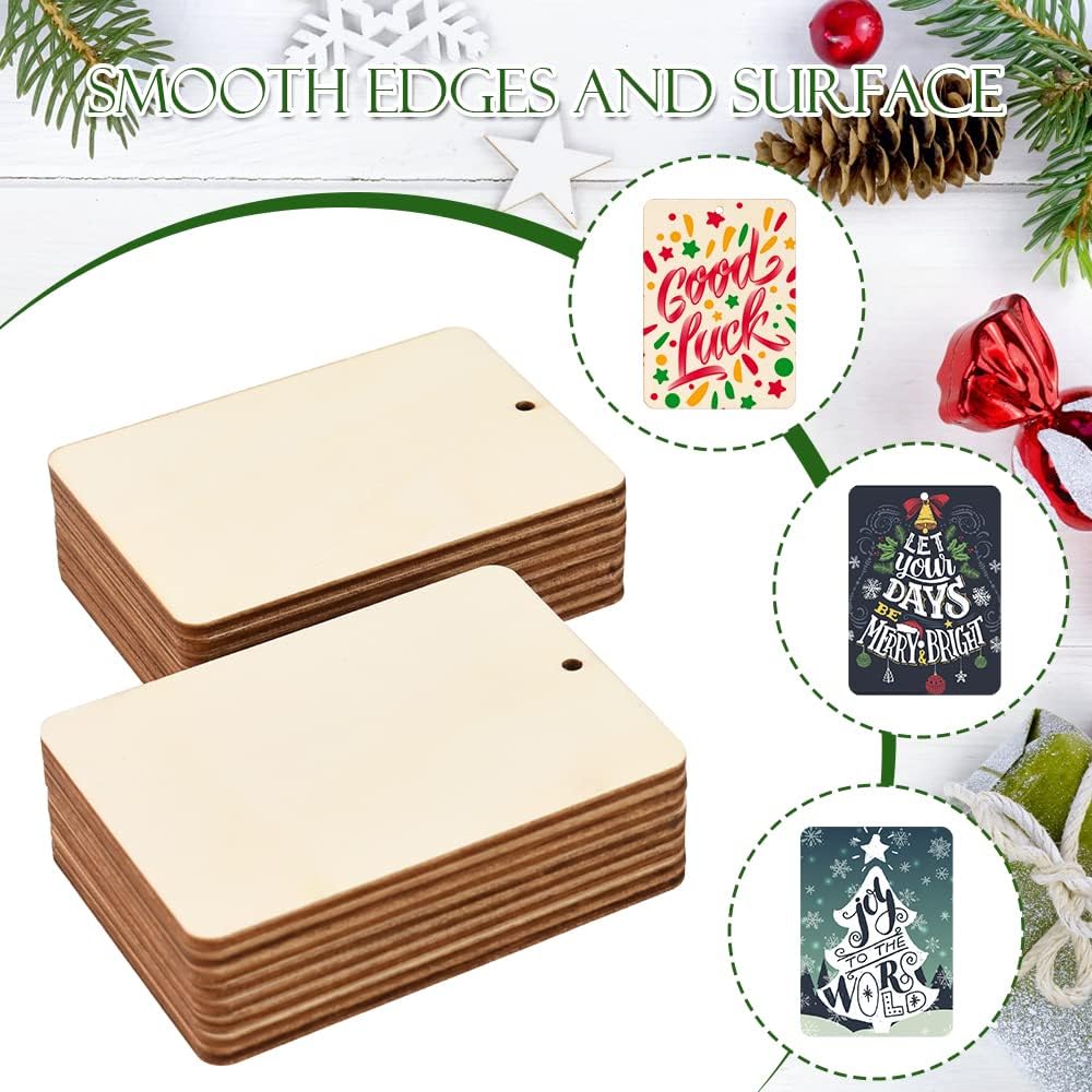 Rectangle Wooden Tags, 50Pcs 2.5 x 3.5 Inch Unfinished Wood Tags Ornaments Blank Square Wooden Slices with Jute Twines for Sign Tags Christmas Home Party Hanging Decoration
