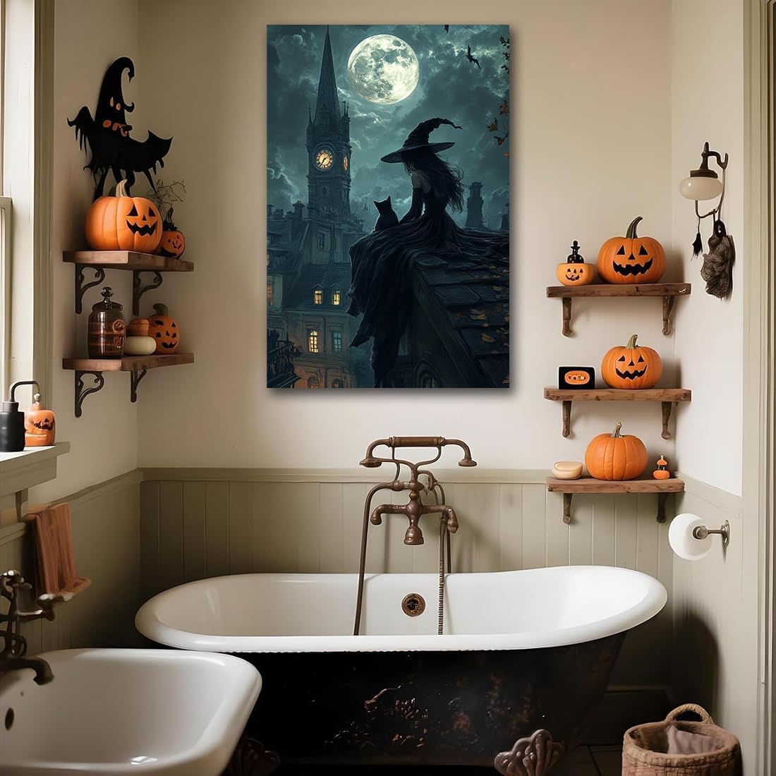 Halloween Witch Black Cat Wall Art,Magical Moon Witch on Roof with Black Cat at Night Scene Painting Haunting Dark Witches Canvas Print for Haunted House Party Decor Poster,12"x18" Framed