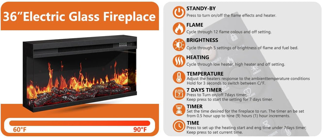 3-Sided Glass Farmhouse Fireplace TV Stand for TVs Up to 100 Inch, Entertainment Center with 36" Electric Fireplace, Oak TV Console with Storage Cabinets for Living Room