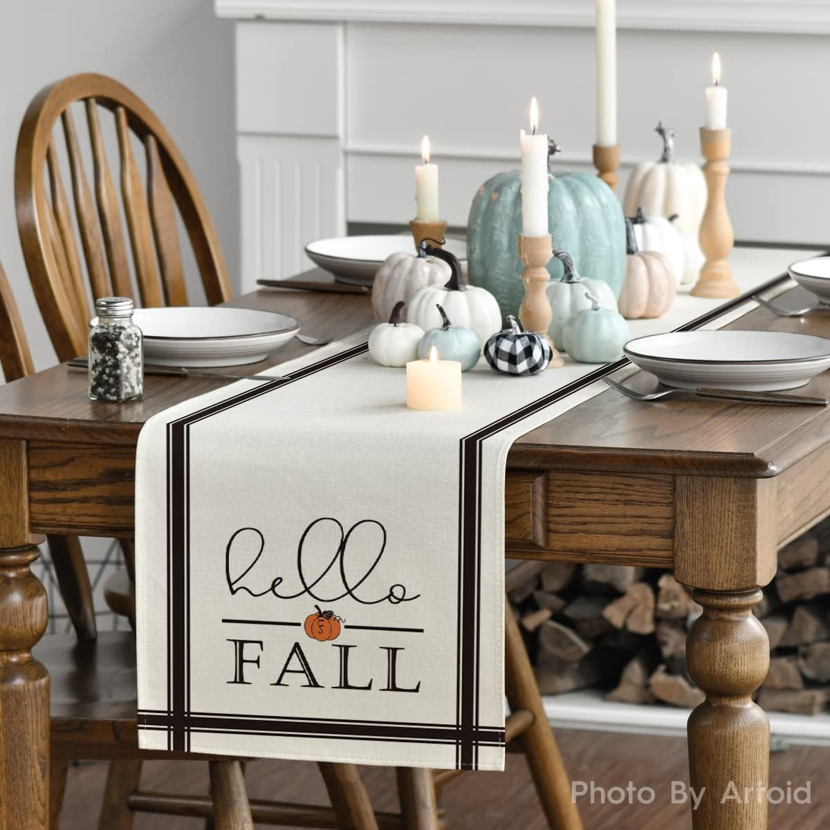 Artoid Mode Hello Fall Pumpkin Table Runner, Seasonal Harvest Vintage Thanksgiving Kitchen Dining Table Decoration for Indoor Outdoor Home Party Decor 13 x 72 Inch