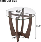 Glass End Table, 23.5" Round Side Tables with Tempered Glass Top Cross and Solid Wood Base Small Night Stand for Living Room Office Apartment Cherry