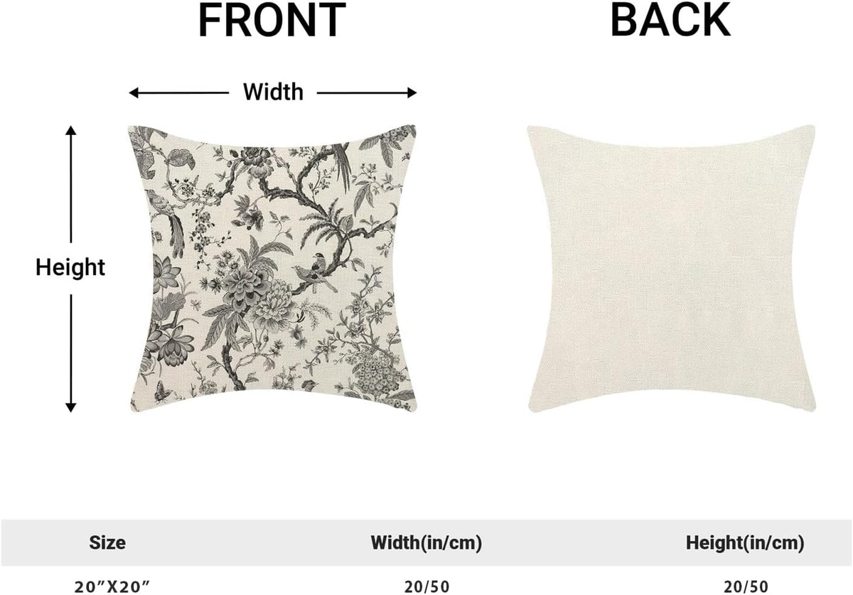 CXMEIFLY Spring Floral Birds Pillow Covers 20 x 20 Inch Set of 2 for Chinoiserie Flowers Decor Throw Pillows Black and White Plant Outdoor Decorative Cushion Cases for Couch Bed Decorations