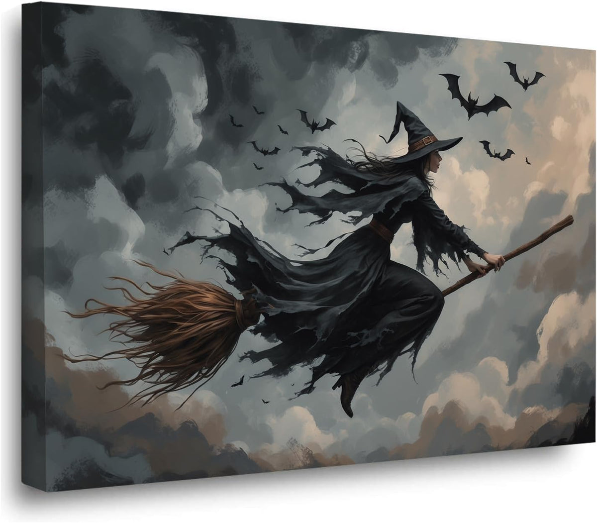 Witch and bat flying Halloween poster suitable for home party wall decoration retro Halloween preppy style wall art canvas print suitable for room decoration24x36in Wood Framed