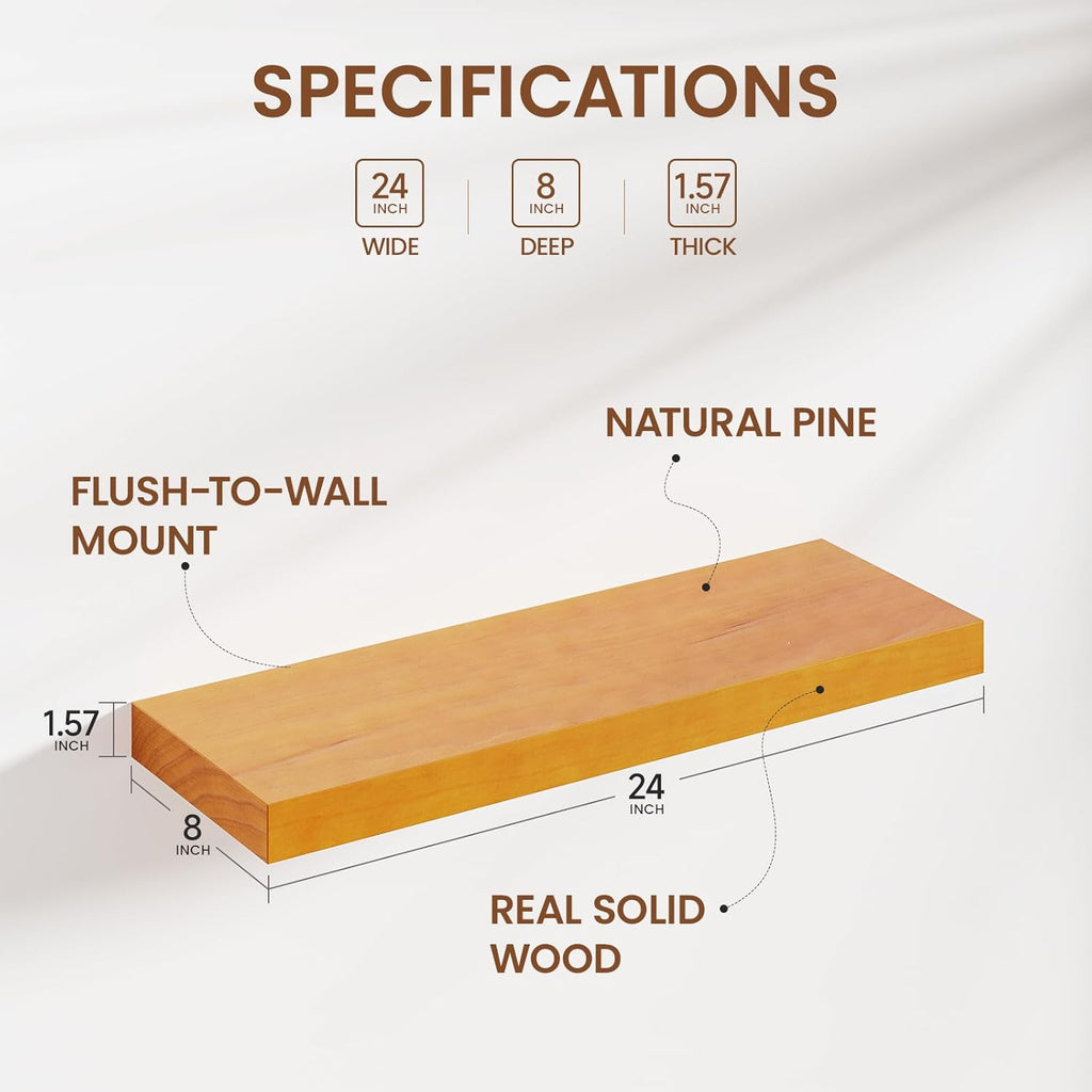 Honey Oak Brown Floating Wall Shelves 24 Inches Long x 8”x 1.4” Wooden Shelf Floating Rustic Farmhouse Decor, Heavy Duty Shelf Hold 60 lbs, Wall Shelves for Bathroom Living Room Kitchen Bedroom Office