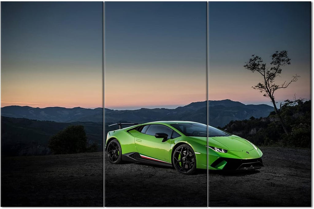 Green Sports Car On Mountain Top and Skyline Wall Art Painting The Picture Print On Canvas Racing Car Pictures for Home Decor Decoration Gift - 28 x 14inch x 3 Panel