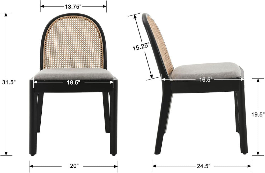 Mid Century Dining Chairs Set of 4, Accent Rattan Side Chairs Linen Fabric Kitchen Chair with Solid Wooden Legs for Living Room Dining Room, Grey