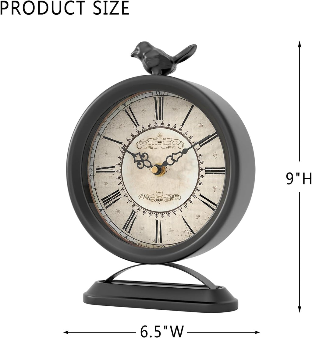 Vintage Table Clock with Bird, European Antique Style Black Mantel Clocks, Desk and Shelf Decor Clock, for Farmhouse, Bedside, Living Room, Bedroom, Gift (9" H x 6.5" W)