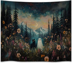 Whimsical Halloween Tapestry Wall Hanging Ghost and Black Cat in Magical Forest Wildflowers Meadow Tapestry Art Print Charming Spooky Fall Season Tapestries for Living Room Bedroom Decor 30x40inch