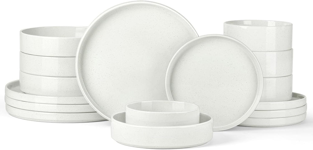 Stoneware Dinnerware Sets for 4 with Pasta Bowl, Onader 16 Piece Plates and Bowls Dish Set, Speckled Kitchen Dishware Dining Ware, Microwave & Dishwasher Safe - Cloud White