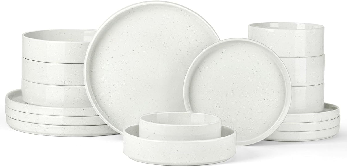 Stoneware Dinnerware Sets for 4 with Pasta Bowl, Onader 16 Piece Plates and Bowls Dish Set, Speckled Kitchen Dishware Dining Ware, Microwave & Dishwasher Safe - Cloud White