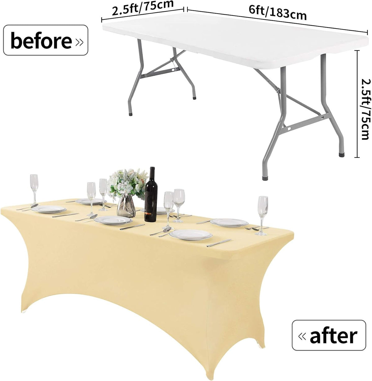 2Pack Spandex Table Cover for 6Ft or 4fT or 8ft Table Universal Fitted Stretch Tablecloth for Party, Banquet, Wedding and Events-Champagne