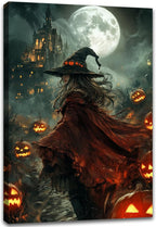 Dark and Moody Gothic Witch Poster Wall Art,Vintage Rustic Witch in Cloak with Castle Pumpkin Road Dark Gothic Poster,Goth Spooky Season Halloween Prints for Fantasy Office,12"x18" Framed