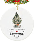 Our First Christmas Engaged Ornament 2025,Just Engaged Gifts for Couple, Ceramic Keepsake Engagement Ornaments 2025 with Ribbon and Gift Box