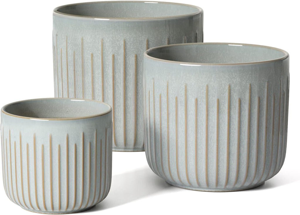 LE TAUCI Fluted Ceramic Planters Set of 3 – 8.3/7 / 5.7 in Star White Reactive Cylinder Indoor Plant Pots with Drainage Plug & Mesh, Glossy Stoneware Flower Pots for Succulents Herbs