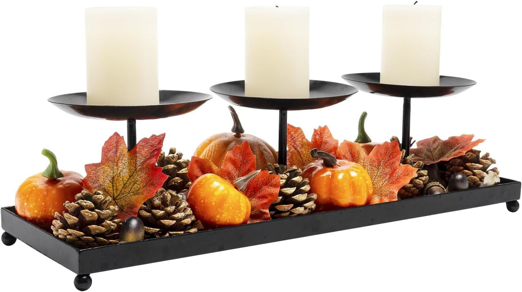 3 Pillar Black Metal Candle Holders for Table Centerpiece, Fall Thanksgiving & Halloween Dining Table, Fireplace Mantel Decor, Tray Candlestick for Living Room Rustic Decorations