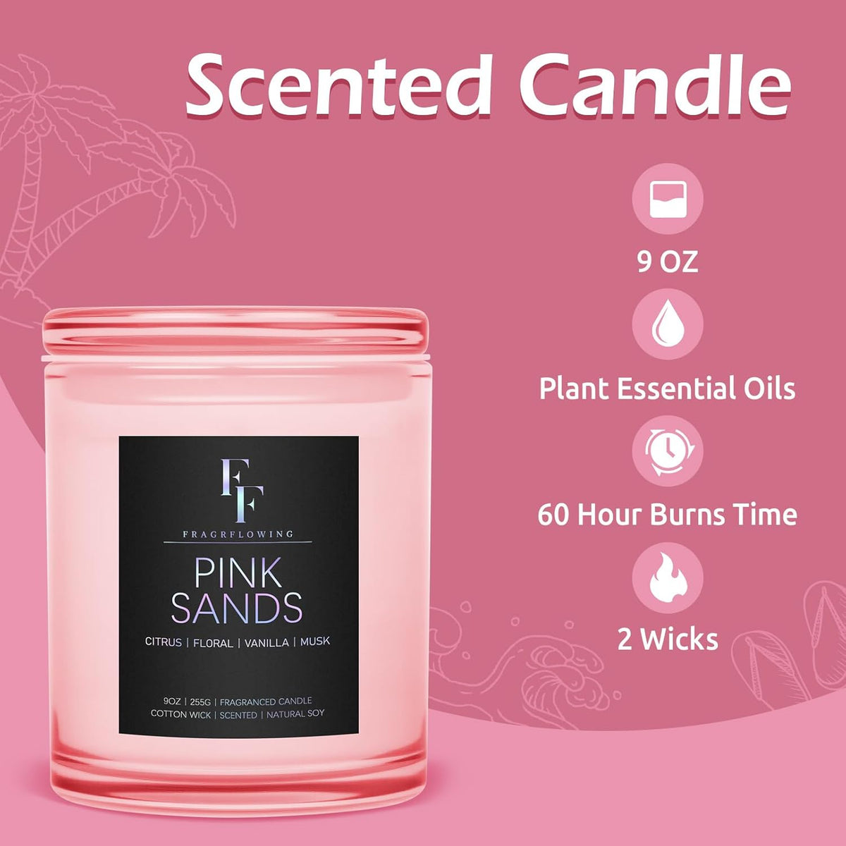 Pink Sand Scented Candle, 2-Wick Luxury Soy Wax Candle, 9 oz Aromatherapy Candle Home Fragrance Candles Gift