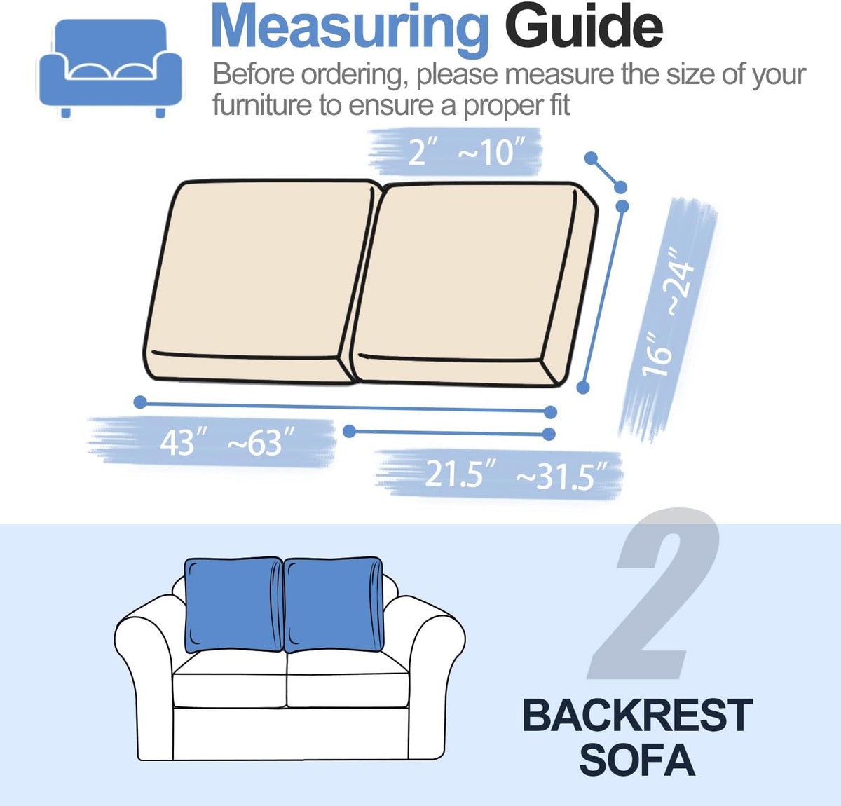 Large Backrest Cushion Covers Super Stretch for 2 Couch Back Cushions, Featuring Chenille Yarn (Softer Version, 2PC, Beige)
