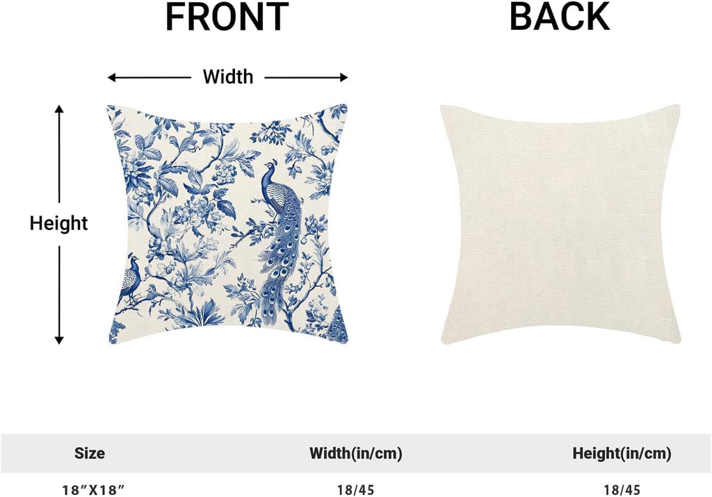 Navy Blue Spring Floral Pillow Covers 18 x 18 Inch Set of 2 for Chinoiserie Flowers Bird Decor Throw Pillows Vintage Plant Farmhouse Outdoor Decorative Cushion Cases for Couch Bed Decorations