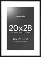 Homeforia 20x28 Black Wood Frame, High End Oak 20x28 Wooden Picture Frames with Mat 14x22 Photo, 20 x 28 Poster Frame Matted to 14 by 22 Print, 28x20 Hanging Frames, Tempered Glass, Wall Kit, Set of 1