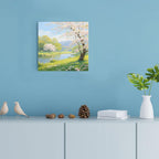 The scenery of a stream between trees and cherry blossoms under the blue sky is suitable for posting in the living room bedroom office landscape posters