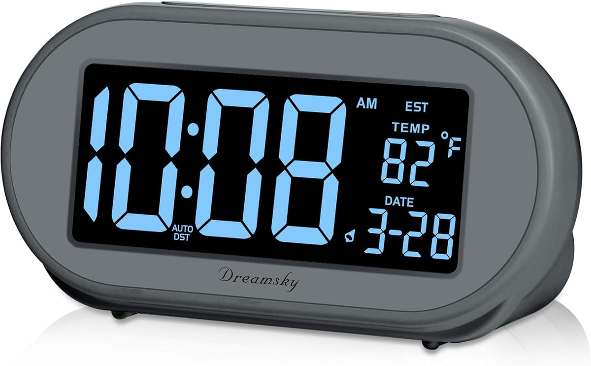 DreamSky Alarm Clocks for Bedrooms, Auto Set Digital Desk Clock for Bedside Nightstand, Electric Clock with Dimmable Brightness Dimmer, Auto DST, USB Port, Date, Temperature, Snooze