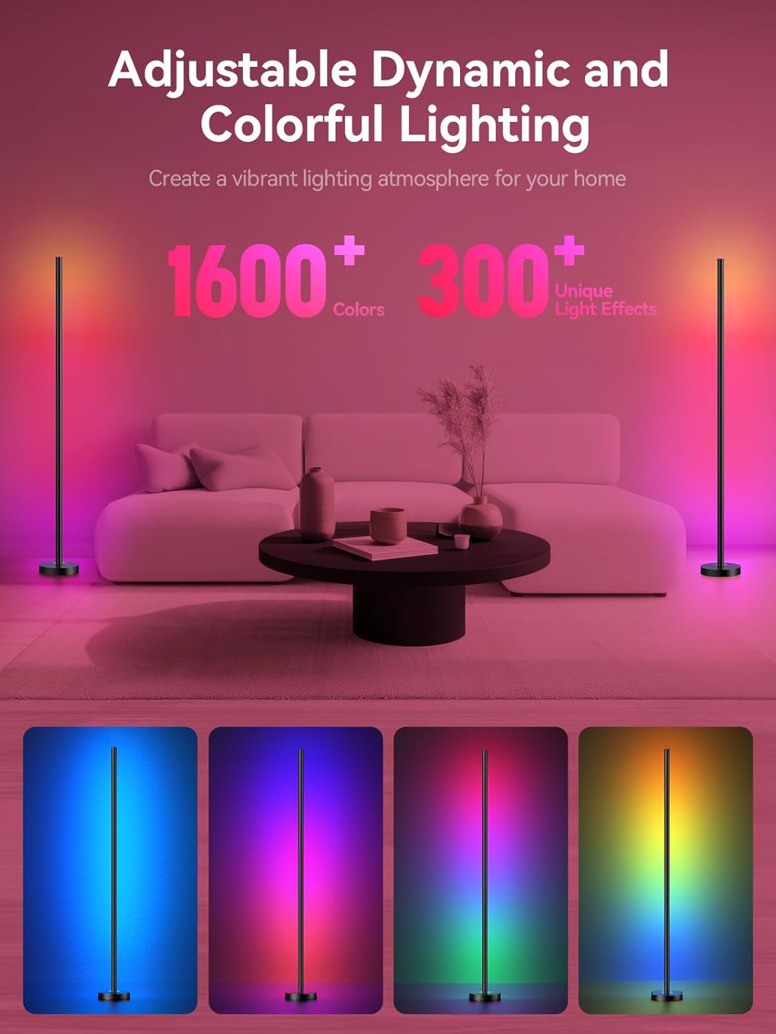 Smart RGBICW LED Corner Floor Lamp - 16 Million DIY Colors, 68+ Scenes, Music Sync, App & Remote Control, Color-Changing Ambient Lighting for Living Rooms, Bedrooms, and Gaming Rooms