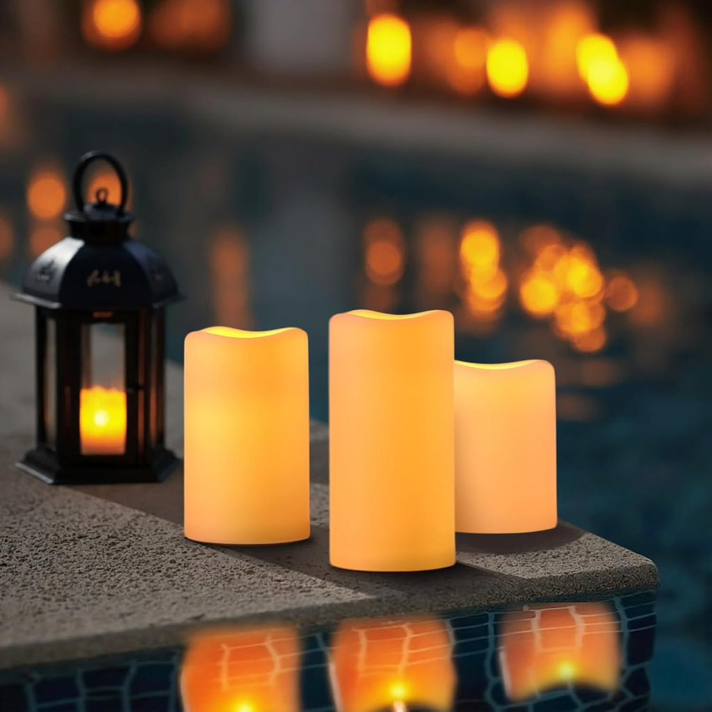Amagic Outdoor Waterproof Flameless Candles with Timer, Battery Operated Candles with Remote Control, D3 x H4 5" 6" Electric LED Pillar Candle for Outside Patio, Garden, Indoor Decor, Ivory, Set of 3