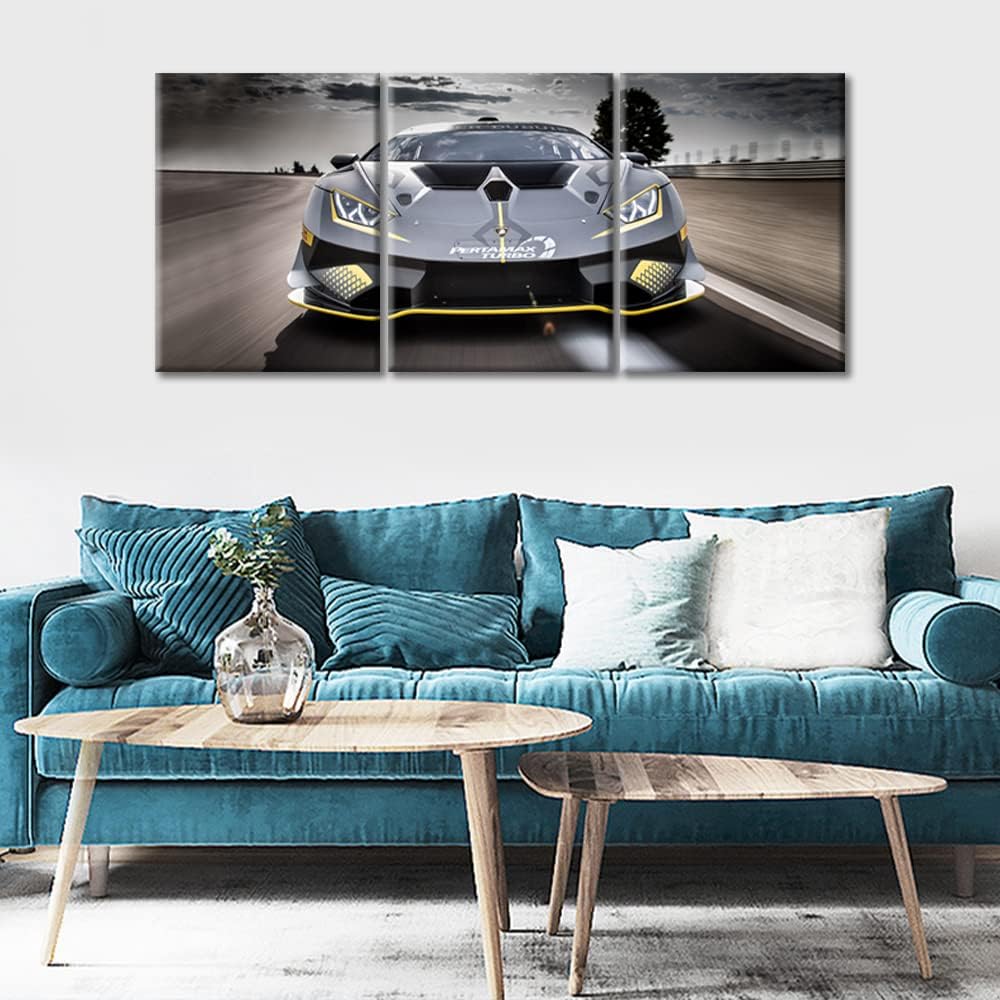 TUMOVO Wall Decor Gray Sports Car on the Road Canvas Wall Art Supercar Modern Artwork for Office Speed Racing Car Picture Print on Canvas 3 Panels Framed Ready to Hang for Living Bedroom, 36" Wx16 H