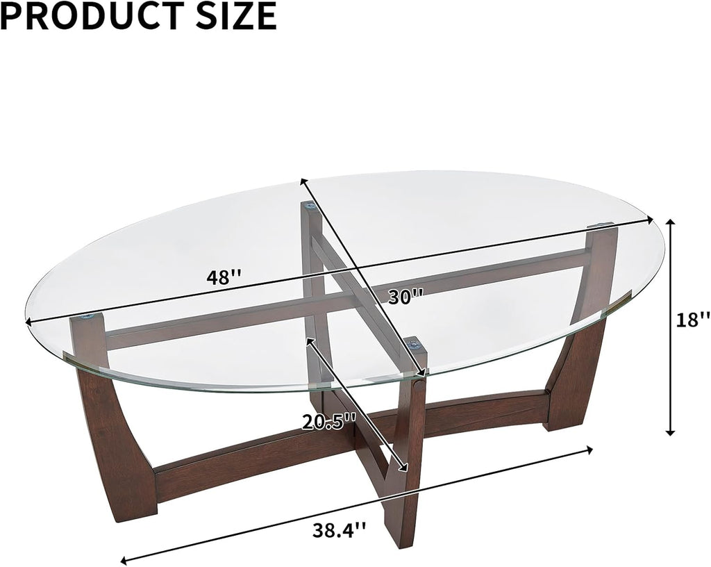 48" Oval Glass Coffee Table with Tempered Glass Top Cross and Solid Wood Base Simple & Modern Center Table for Living Room Office Apartment Cherry