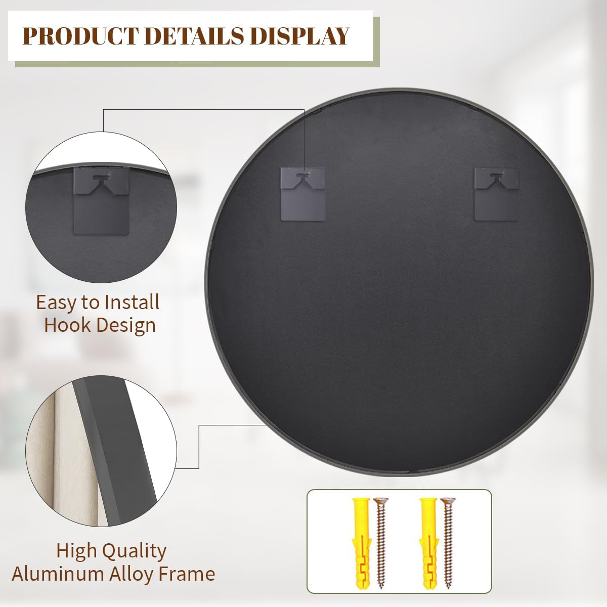 BEAUTYPEAK 24 Inch Round Mirror, Metal Frame Circle Mirror, Wall Mounted for Entryway, Bathroom, Vanity, Living Room, Black