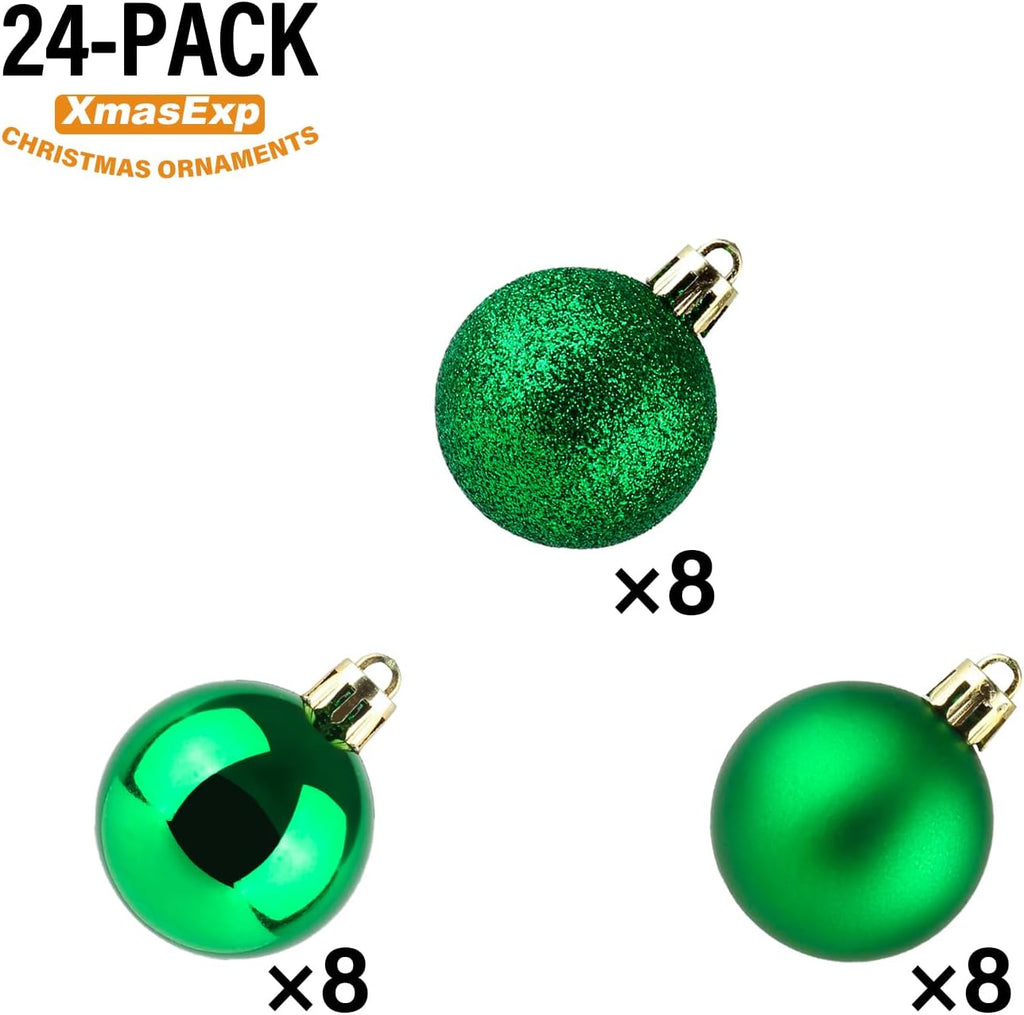 XmasExp 24ct Mini Christmas Ball Ornaments Shatterproof Christmas Ornaments Set Decorations for Xmas Tree Balls 30mm/1.18" (Green)